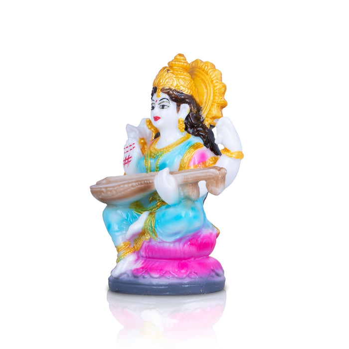 Saraswathi Sitting on Lotus Base Murti - 4.5 x 2.5 Inches | Marble dust Idol / Saraswati Statue for pooja room