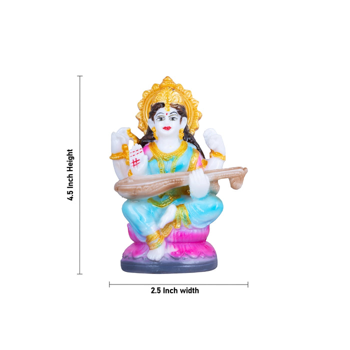 Saraswathi Sitting on Lotus Base Murti - 4.5 x 2.5 Inches | Marble dust Idol / Saraswati Statue for pooja room