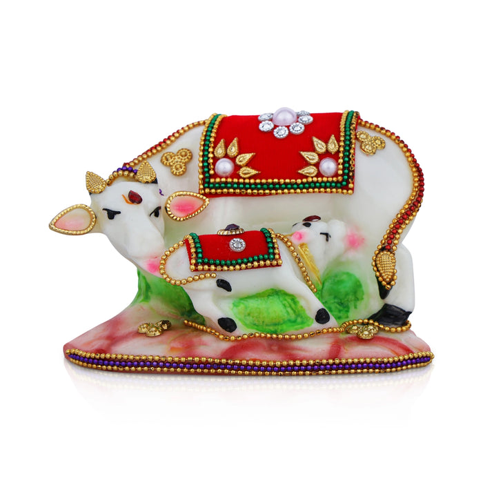 Kamadhenu Statue - 3 x 4.25 Inches | Resin Idol/ Decorative Cow and Calf Figurine For Pooja