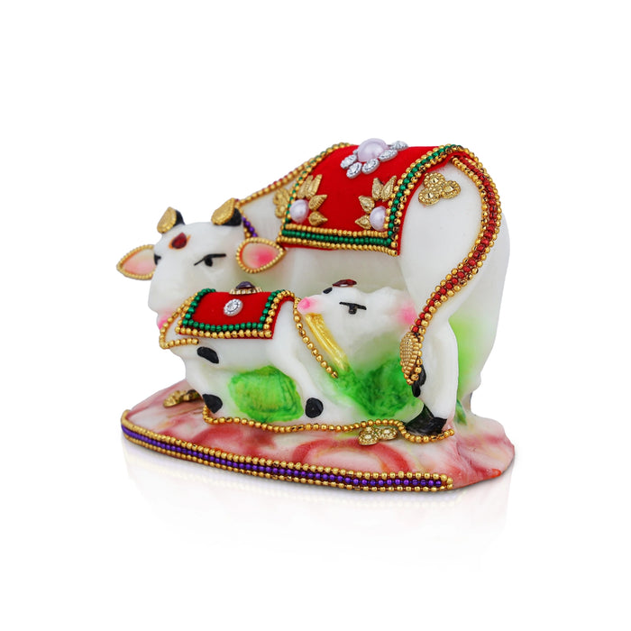 Kamadhenu Statue - 3 x 4.25 Inches | Resin Idol/ Decorative Cow and Calf Figurine For Pooja