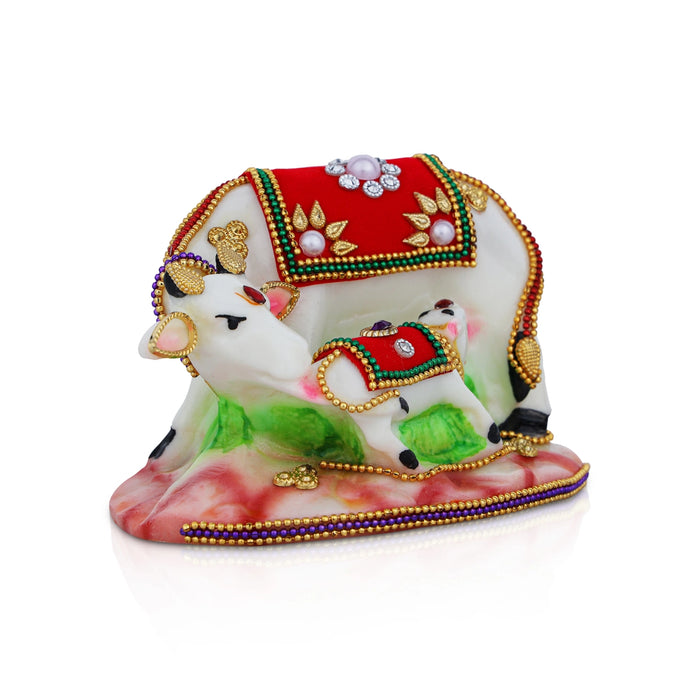 Kamadhenu Statue - 3 x 4.25 Inches | Resin Idol/ Decorative Cow and Calf Figurine For Pooja