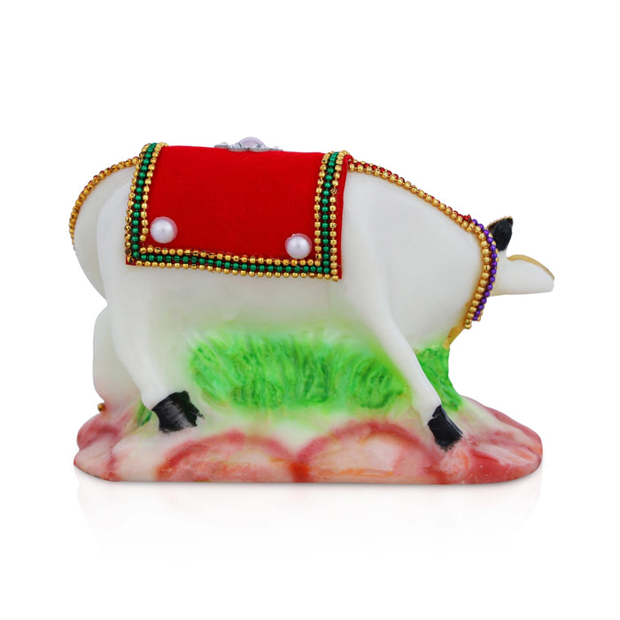 Kamadhenu Statue - 3 x 4.25 Inches | Resin Idol/ Decorative Cow and Calf Figurine For Pooja