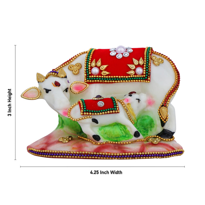 Kamadhenu Statue - 3 x 4.25 Inches | Resin Idol/ Decorative Cow and Calf Figurine For Pooja