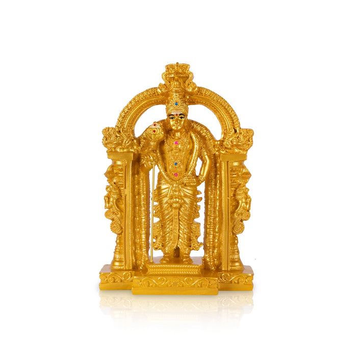 Murugan Standing On Base Murti - 8.75 x 5.75 Inches | Gold Polish Resin Idol/ Karthikeyan Statue For Pooja