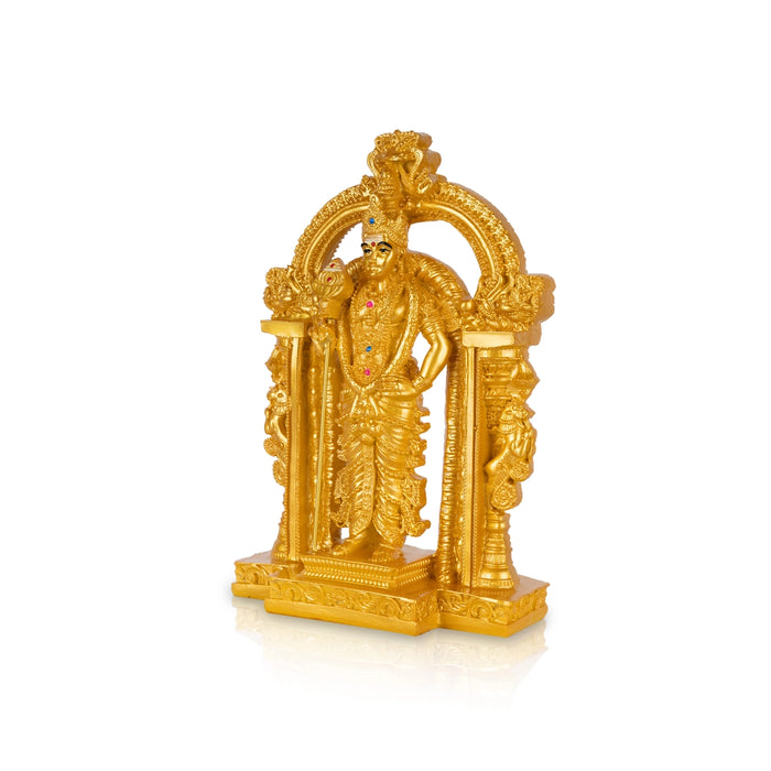 Murugan Standing On Base Murti - 8.75 x 5.75 Inches | Gold Polish Resin Idol/ Karthikeyan Statue For Pooja