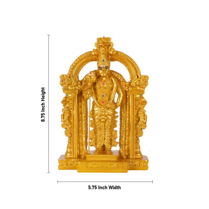 Murugan Standing On Base Murti - 8.75 x 5.75 Inches | Gold Polish Resin Idol/ Karthikeyan Statue For Pooja