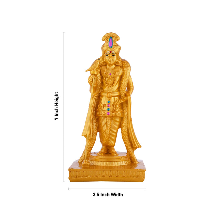Murugan Standing on Base Murti - 7 x 3.5 Inches | Resin Gold Polish Idol/ Raja Alankaram Murugar Statue For Pooja