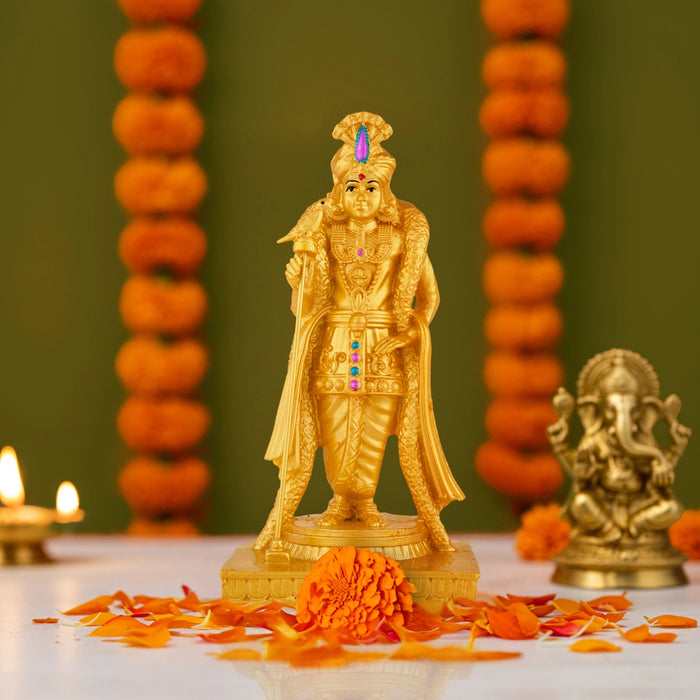 Murugan Standing on Base Murti - 7 x 3.5 Inches | Resin Gold Polish Idol/ Raja Alankaram Murugar Statue For Pooja
