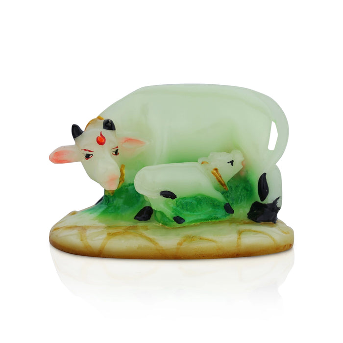 Cow and Calf Statue Standing On Base - 3.5 x 4.75 Inches | Radium Idol / kamadhenu Statue for Pooja