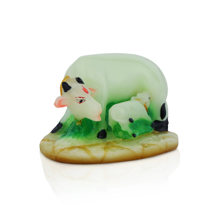 Cow and Calf Statue Standing On Base - 3.5 x 4.75 Inches | Radium Idol / kamadhenu Statue for Pooja