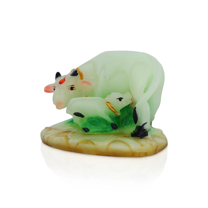 Cow and Calf Statue Standing On Base - 3.5 x 4.75 Inches | Radium Idol / kamadhenu Statue for Pooja