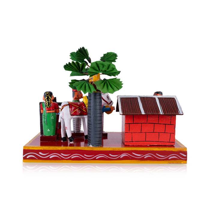 Village House Kondapalli Toy - 8 X 11.75 Inches | Handmade Showpiece/ Wooden Statue For Golu Display