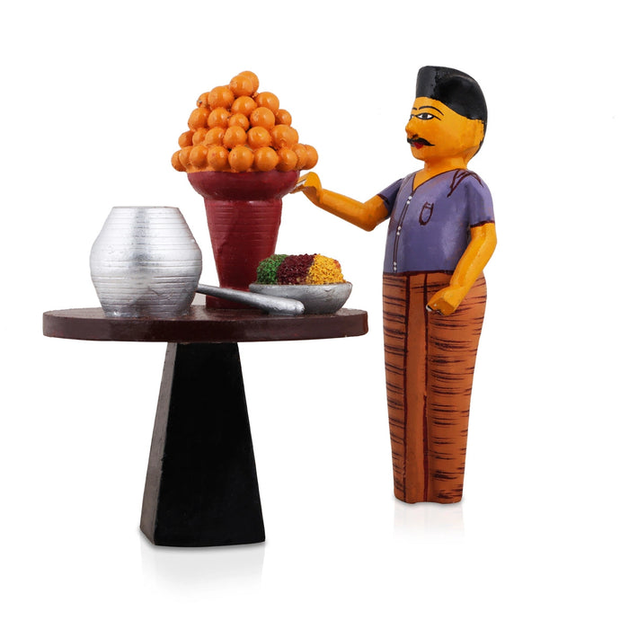 Pani Puri Seller - 6 X 5 Inches | Decorative Showpiece/ Wood Sculpture For Home Decor & Festive Gifting
