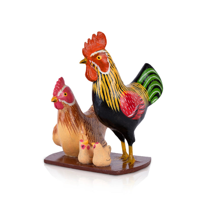 Hen And Cock Family Kondapalli Toy - 6 X 4 Inches | Handmade Showpiece/ Wooden Statue For Home Decor & Gifting
