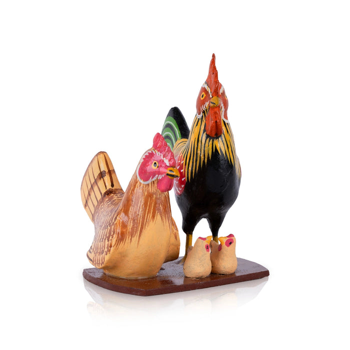 Hen And Cock Family Kondapalli Toy - 6 X 4 Inches | Handmade Showpiece/ Wooden Statue For Home Decor & Gifting