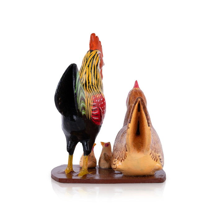 Hen And Cock Family Kondapalli Toy - 6 X 4 Inches | Handmade Showpiece/ Wooden Statue For Home Decor & Gifting