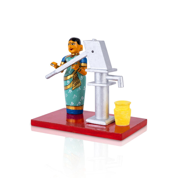 Lady With Hand Pump Kondapalli Toy - 6 X 7 Inches | Handmade Showpiece/ Wooden Statue For Home Decor & Gifting
