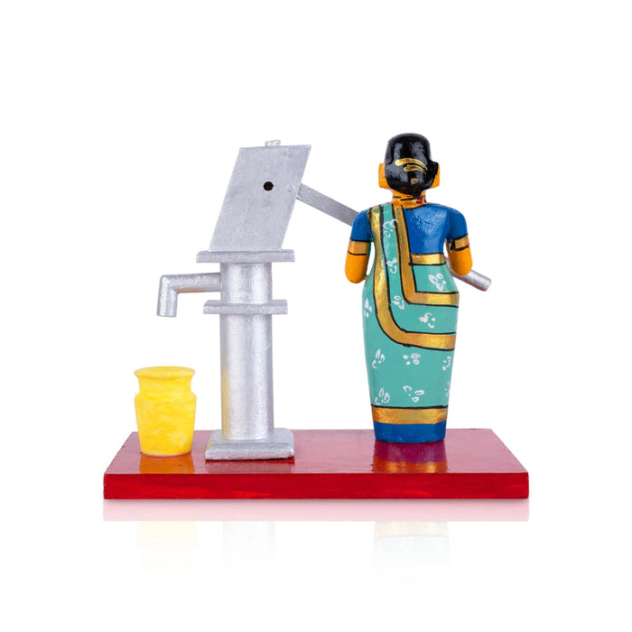 Lady With Hand Pump Kondapalli Toy - 6 X 7 Inches | Handmade Showpiece/ Wooden Statue For Home Decor & Gifting