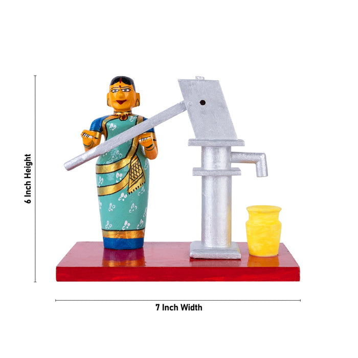 Lady With Hand Pump Kondapalli Toy - 6 X 7 Inches | Handmade Showpiece/ Wooden Statue For Home Decor & Gifting