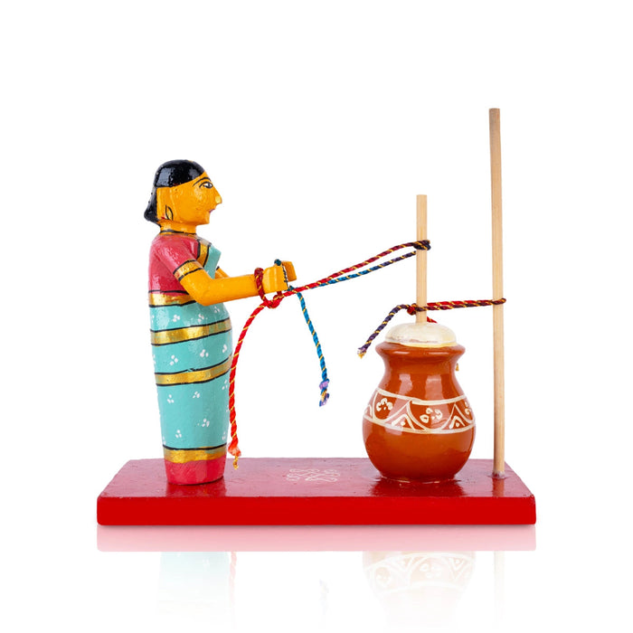 Lady Making Butter Kondapalli Bommalu - 6.5 x 7 Inches | Handmade Showpiece/ Wooden Statue for Home Decor