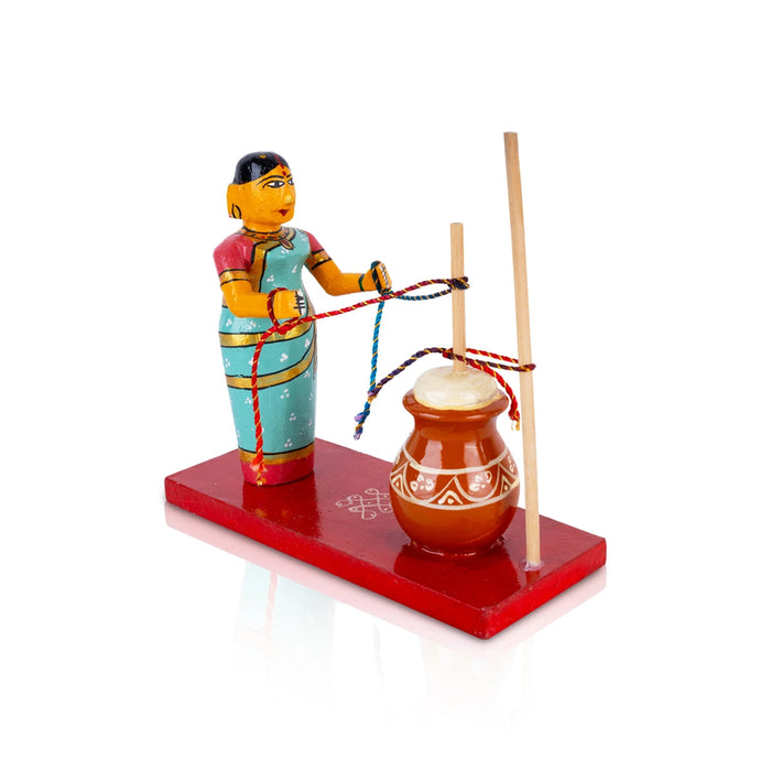 Lady Making Butter Kondapalli Bommalu - 6.5 x 7 Inches | Handmade Showpiece/ Wooden Statue for Home Decor