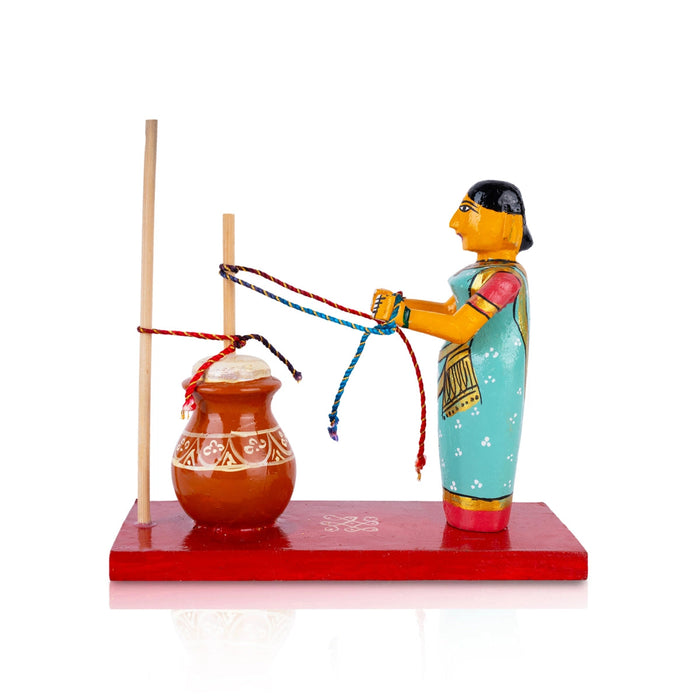Lady Making Butter Kondapalli Bommalu - 6.5 x 7 Inches | Handmade Showpiece/ Wooden Statue for Home Decor