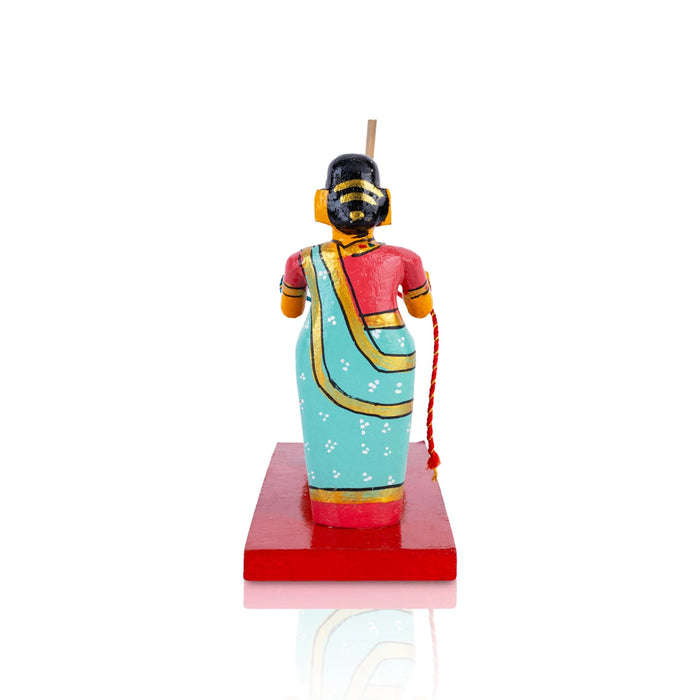 Lady Making Butter Kondapalli Bommalu - 6.5 x 7 Inches | Handmade Showpiece/ Wooden Statue for Home Decor