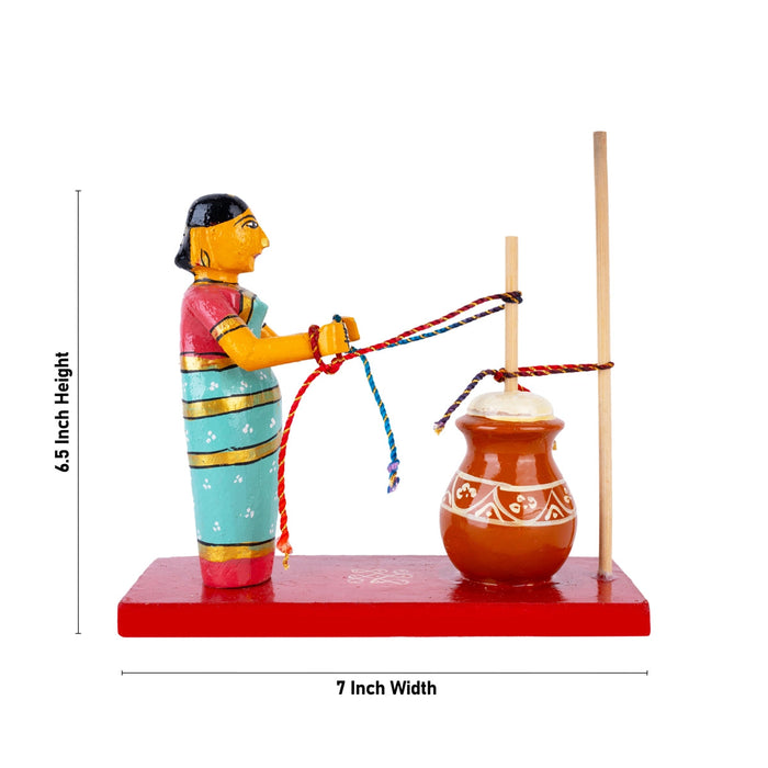 Lady Making Butter Kondapalli Bommalu - 6.5 x 7 Inches | Handmade Showpiece/ Wooden Statue for Home Decor