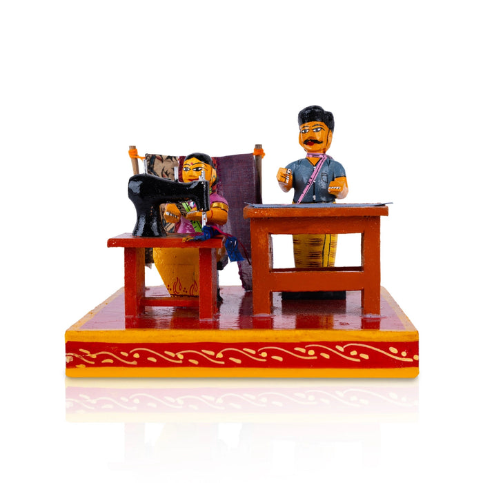 Tailor Shop Kondapalli Toy - 5.75 X 7.25 Inches | Handmade Showpiece/ Wooden Statue For Home Decor & Gifting