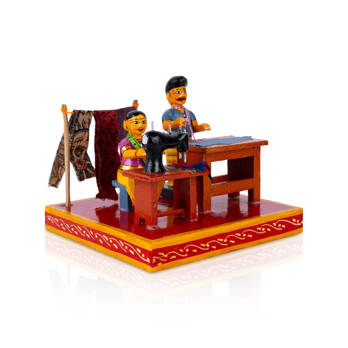 Tailor Shop Kondapalli Toy - 5.75 X 7.25 Inches | Handmade Showpiece/ Wooden Statue For Home Decor & Gifting