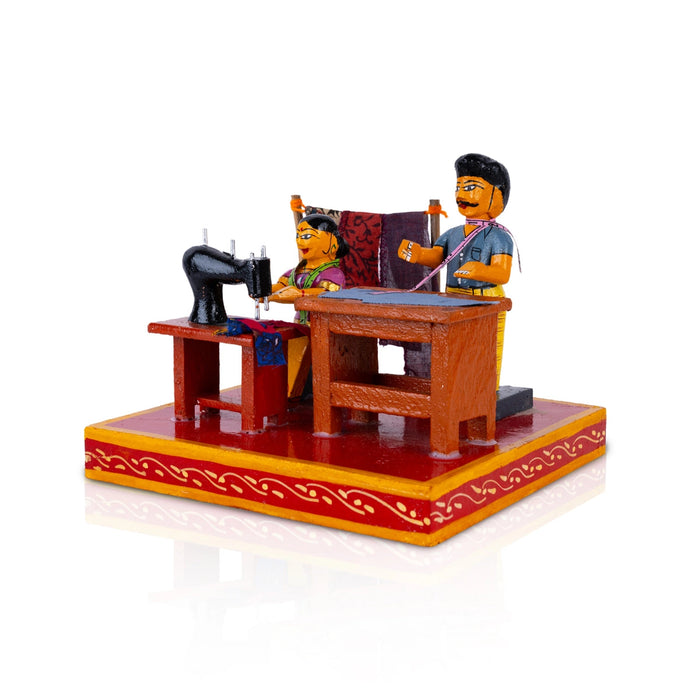 Tailor Shop Kondapalli Toy - 5.75 X 7.25 Inches | Handmade Showpiece/ Wooden Statue For Home Decor & Gifting