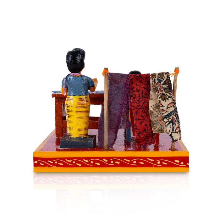 Tailor Shop Kondapalli Toy - 5.75 X 7.25 Inches | Handmade Showpiece/ Wooden Statue For Home Decor & Gifting