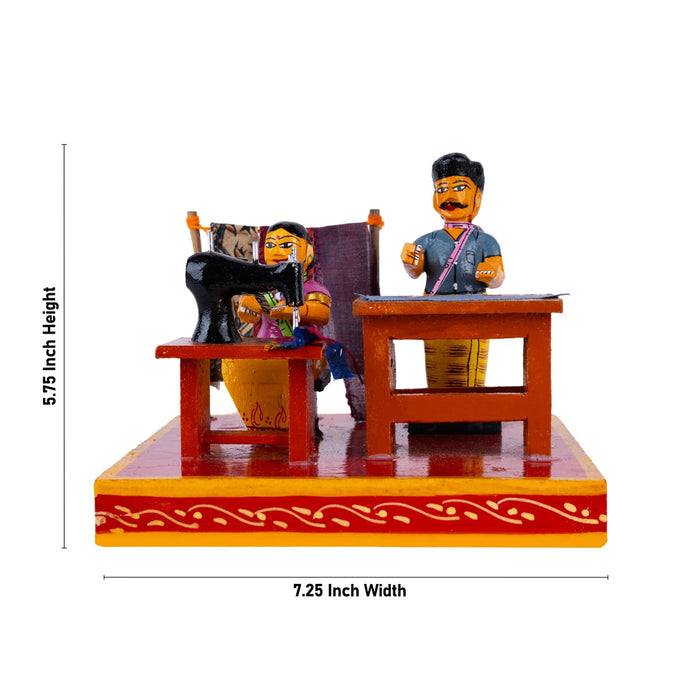 Tailor Shop Kondapalli Toy - 5.75 X 7.25 Inches | Handmade Showpiece/ Wooden Statue For Home Decor & Gifting