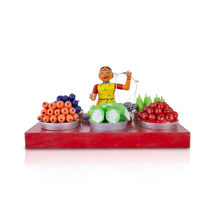 Fruit & Vegetable Seller Kondapalli Toy - 5 X 9.5 Inches | Handmade Showpiece/ Wooden Statue For Golu Display