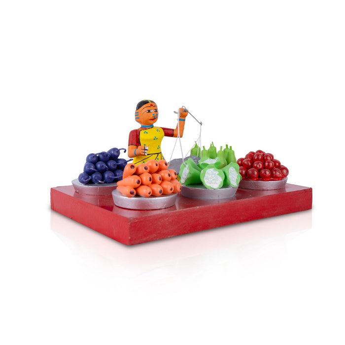 Fruit & Vegetable Seller Kondapalli Toy - 5 X 9.5 Inches | Handmade Showpiece/ Wooden Statue For Golu Display