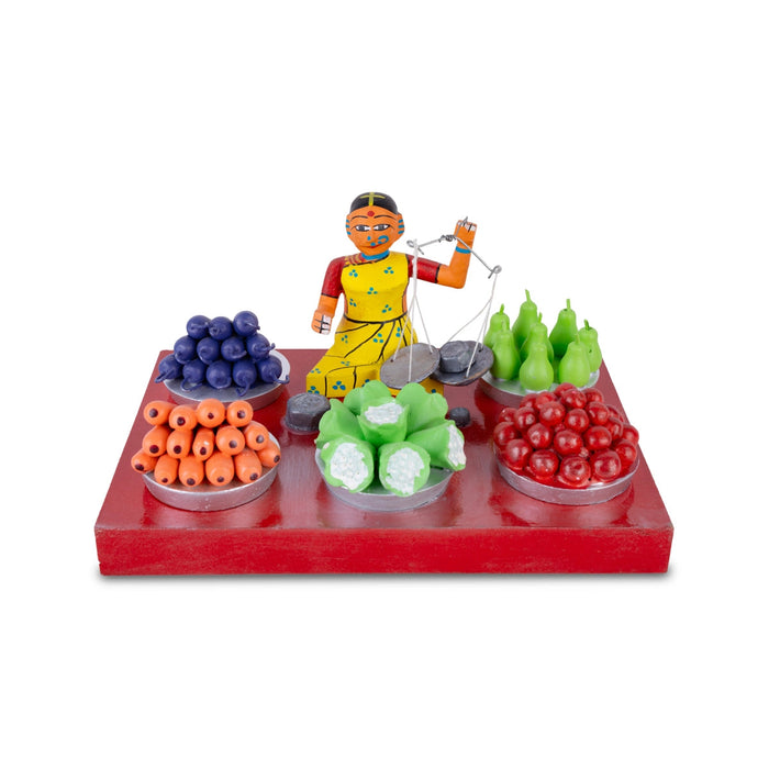 Fruit & Vegetable Seller Kondapalli Toy - 5 X 9.5 Inches | Handmade Showpiece/ Wooden Statue For Golu Display