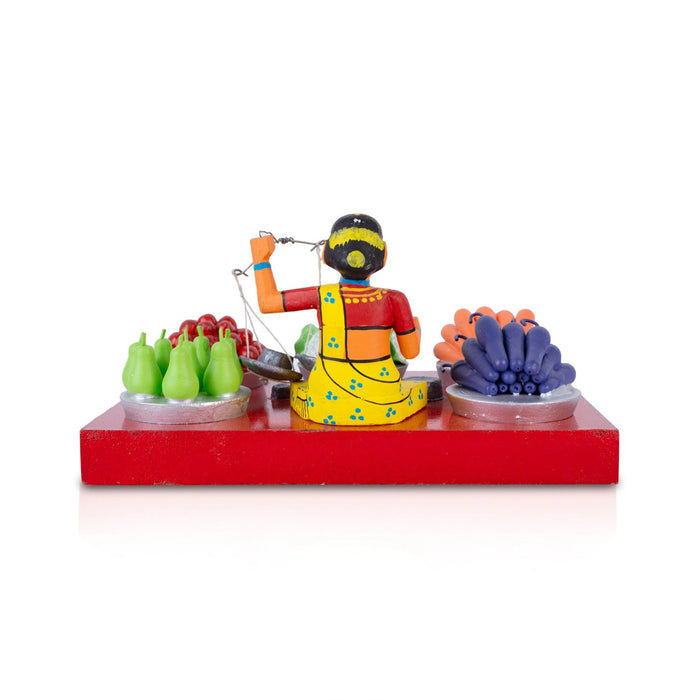 Fruit & Vegetable Seller Kondapalli Toy - 5 X 9.5 Inches | Handmade Showpiece/ Wooden Statue For Golu Display