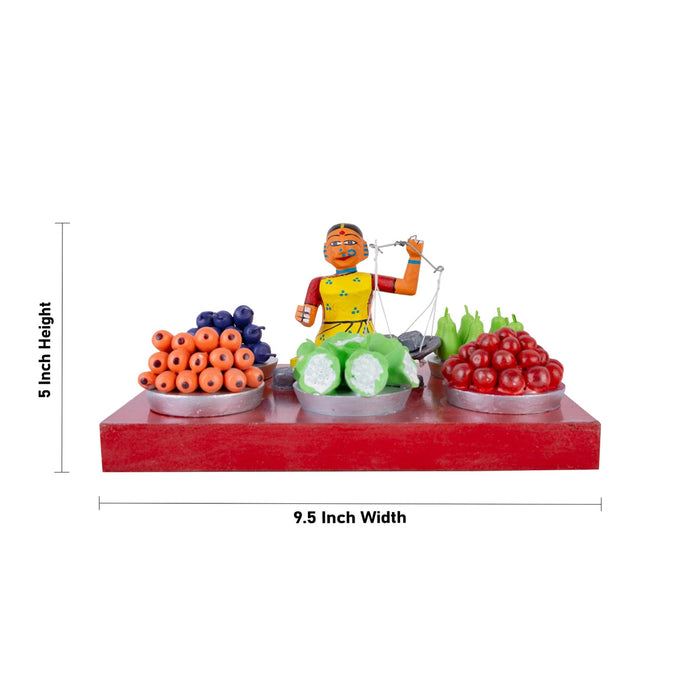 Fruit & Vegetable Seller Kondapalli Toy - 5 X 9.5 Inches | Handmade Showpiece/ Wooden Statue For Golu Display