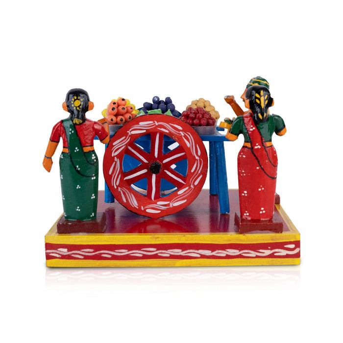 Cart Vegetable Seller Kondapalli Toy - 6.25 X 8.5 Inches | Handmade Showpiece/ Wooden Statue For Festival Golu