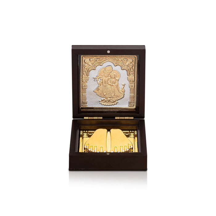 Radha Krishna Pooja Box- 3.05 x 3.05 x 1.5 Inches | Gold Polish Puja Box/ Charan Paduka Box For Gifting & Home