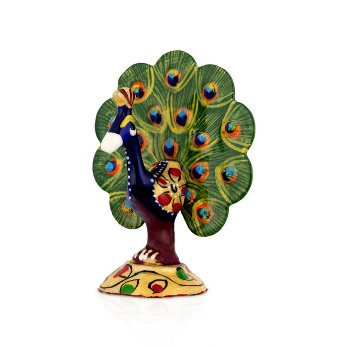 Peacock Statue - 2.5 x 2 Inches | Painted Peacock Dancing Idol/ Metal Moor Sculpture for Home Decor