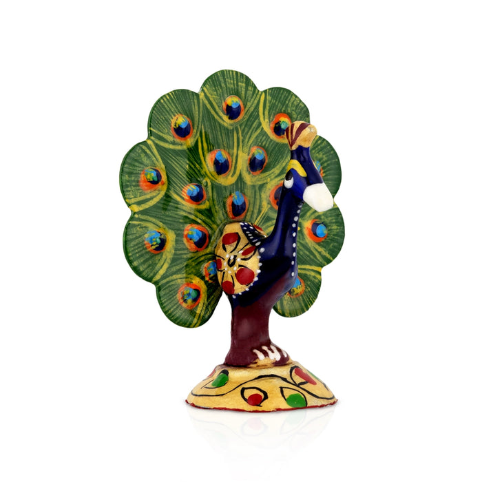 Peacock Statue - 2.5 x 2 Inches | Painted Peacock Dancing Idol/ Metal Moor Sculpture for Home Decor