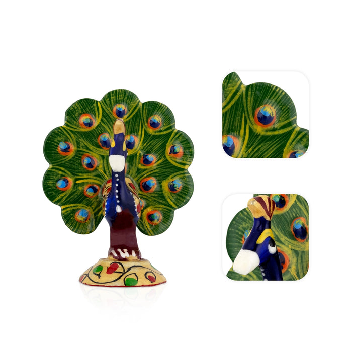 Peacock Statue - 2.5 x 2 Inches | Painted Peacock Dancing Idol/ Metal Moor Sculpture for Home Decor