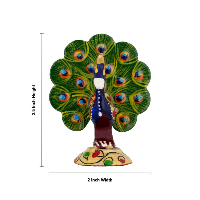 Peacock Statue - 2.5 x 2 Inches | Painted Peacock Dancing Idol/ Metal Moor Sculpture for Home Decor