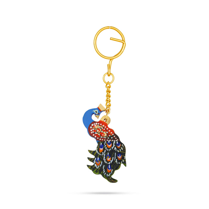 Peacock Statue Key Chain - 4.5 x 2.5 Inches | Wooden & Painted Peacock Sculpture Key Ring/ Key Holder for Bike