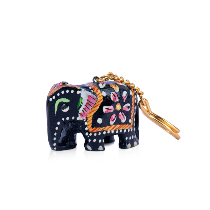 Elephant Statue Key Chain - 1.5 x 2.5 Inches | Wooden Key Holder/ Painted Elephant Idol Key Ring for Car & Bike