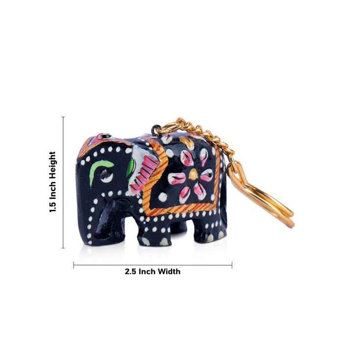 Elephant Statue Key Chain - 1.5 x 2.5 Inches | Wooden Key Holder/ Painted Elephant Idol Key Ring for Car & Bike