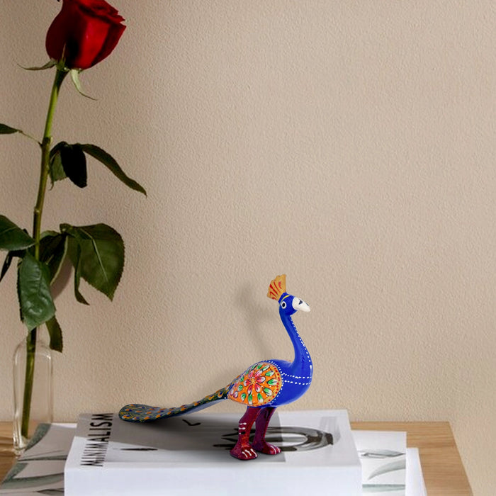 Peacock Statue - 5 x 8 Inches | Metal Statue/ Painted Peacock Sculpture for Home Decor