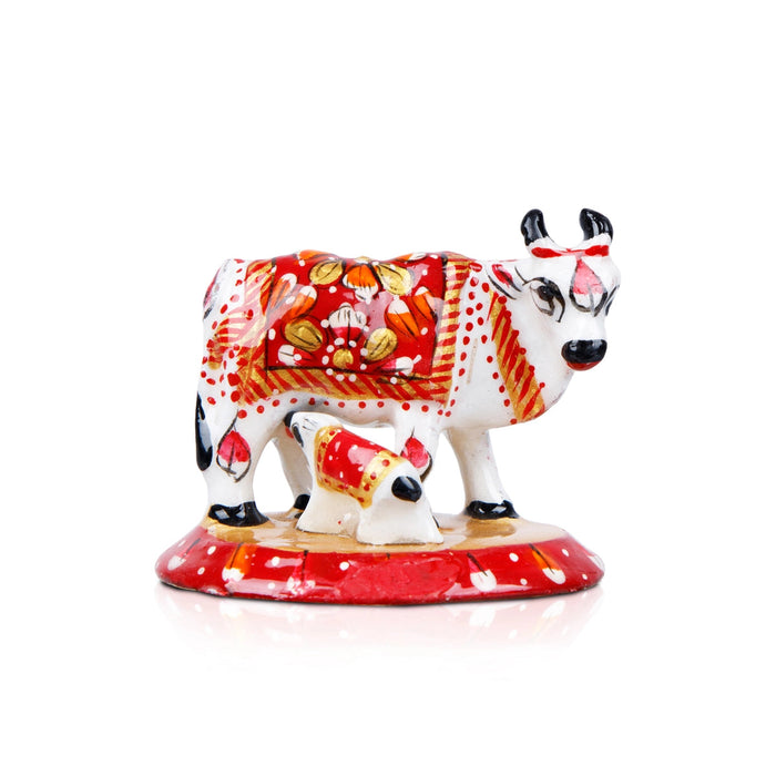Cow and Calf Idol - 2 x 2.5 Inches | Cow Calf Idol/ Painted Metal Kamadhenu Statue for Pooja