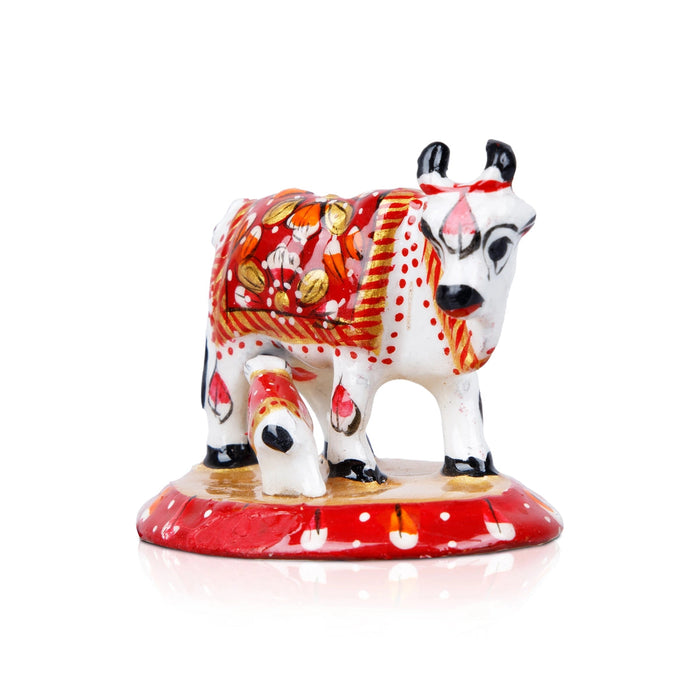 Cow and Calf Idol - 2 x 2.5 Inches | Cow Calf Idol/ Painted Metal Kamadhenu Statue for Pooja